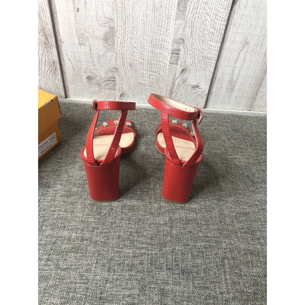 Womens Vetaste Red Chunky Sexy Ankle Strap Rhinestones Dress Heels Shoes Size 5 - Picture 3 of 8